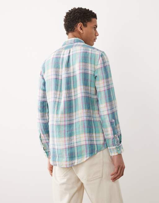Polo Ralph Lauren icon logo checked linen long sleeve shirt in multi, 5 of 5