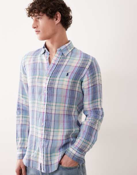 Polo Ralph Lauren icon logo checked linen long sleeve shirt in multi - view 1