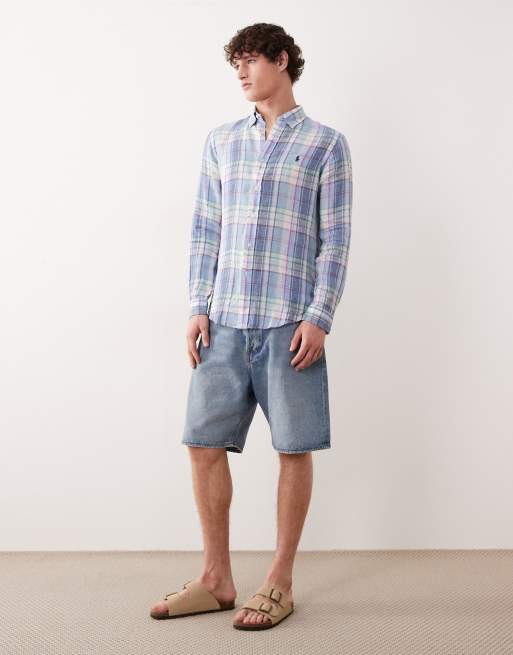 Polo Ralph Lauren icon logo checked linen long sleeve shirt in multi, 2 of 5