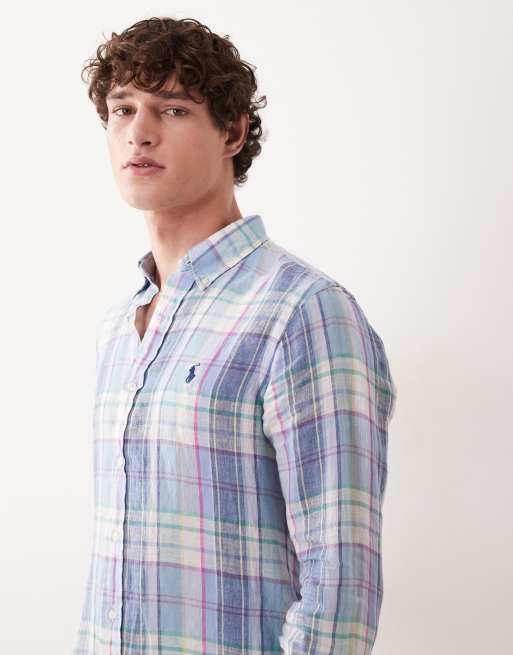 Polo Ralph Lauren icon logo checked linen long sleeve shirt in multi, 3 of 5