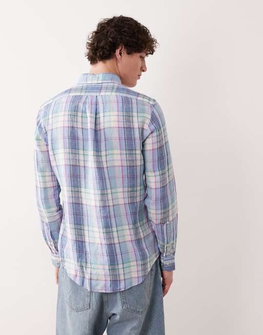 Polo Ralph Lauren icon logo checked linen long sleeve shirt in multi, 4 of 5