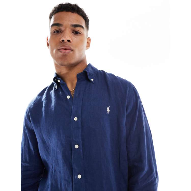 Polo Ralph Lauren icon logo classic custom fit linen shirt in navy