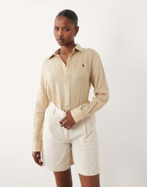 Polo Ralph Lauren icon logo classic fit linen look shirt in camel tan - view 1