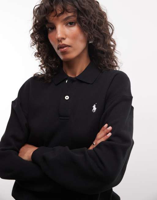 Polo Ralph Lauren icon logo collared rugby sweatshirt in black, 3 of 4