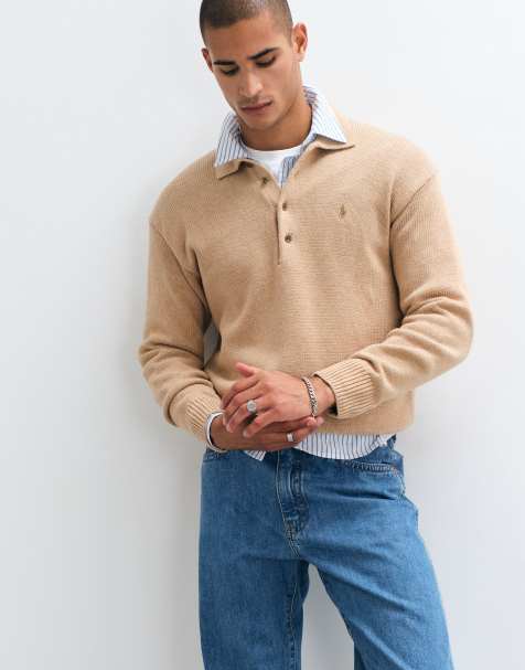 Polo Ralph Lauren icon logo collared sweatshirt in beige - view 1