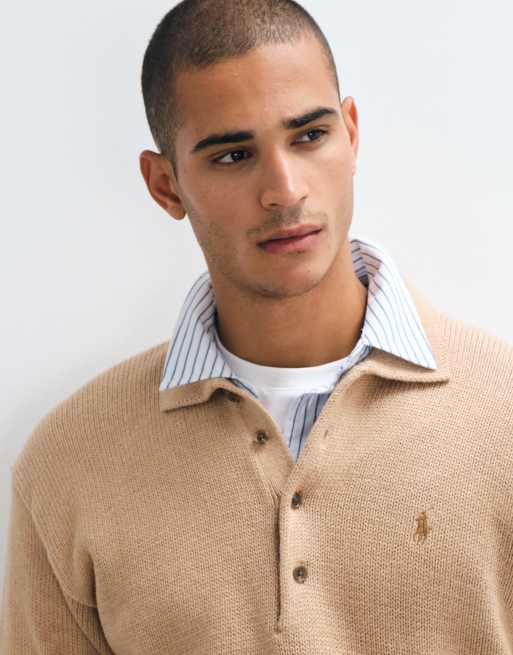 Polo Ralph Lauren icon logo collared sweatshirt in beige, 3 of 5