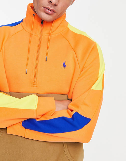 Polo Ralph Lauren icon logo color block hybrid half zip sweatshirt in  resort orange multi