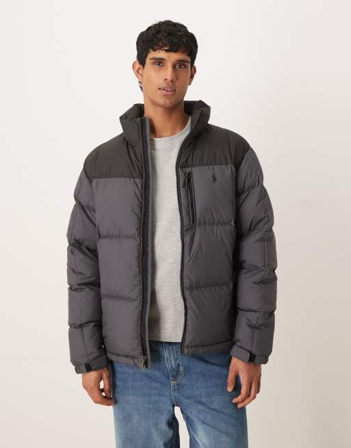 Polo Ralph Lauren icon logo colourblock ripstop puffer bomber jacket in black/grey