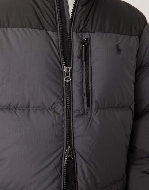 Polo Ralph Lauren icon logo colourblock ripstop puffer bomber jacket in black/grey, 4 of 5