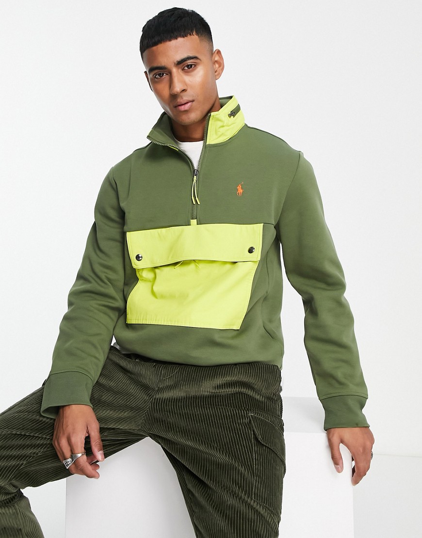 Polo Ralph Lauren icon logo contrast pocket & neck half zip sweatshirt in dark green