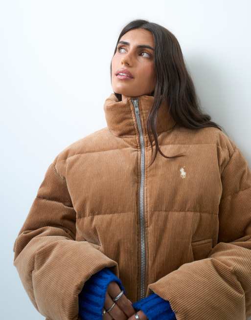 Polo Ralph Lauren icon logo cord puffer jacket in tan, 2 of 4