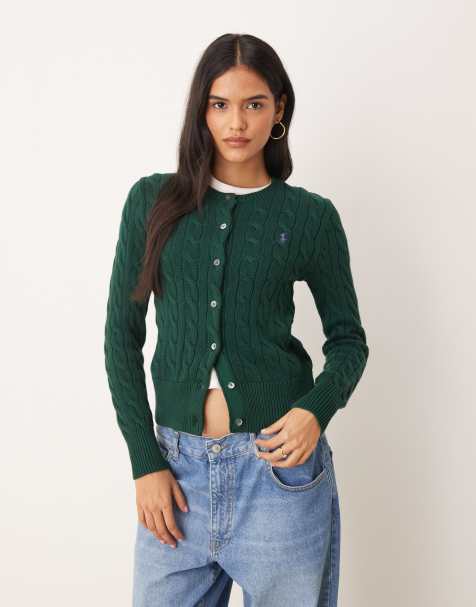 Polo Ralph Lauren icon logo cotton cable knit cardigan in green - view 1
