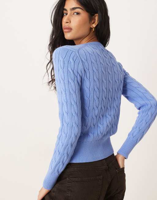 Polo Ralph Lauren icon logo cotton cable knit cardigan in light blue, 2 of 4