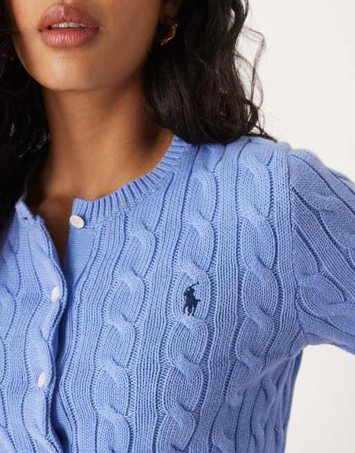 Polo Ralph Lauren icon logo cotton cable knit cardigan in light blue, 3 of 4