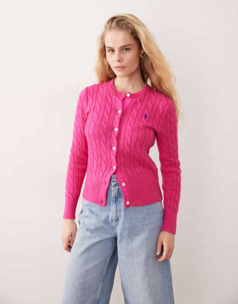 Polo Ralph Lauren icon logo cotton cable knit cardigan in pink - view 1