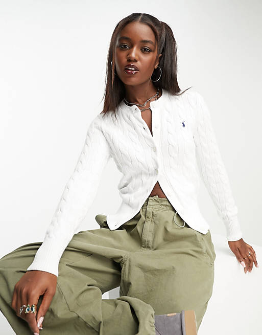 geluk Onnauwkeurig Ijver Polo Ralph Lauren icon logo cotton cable knit cardigan in white | ASOS