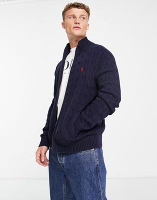 Polo Ralph Lauren icon logo cotton cable knit full zip cardigan in navy - ASOS Price Checker