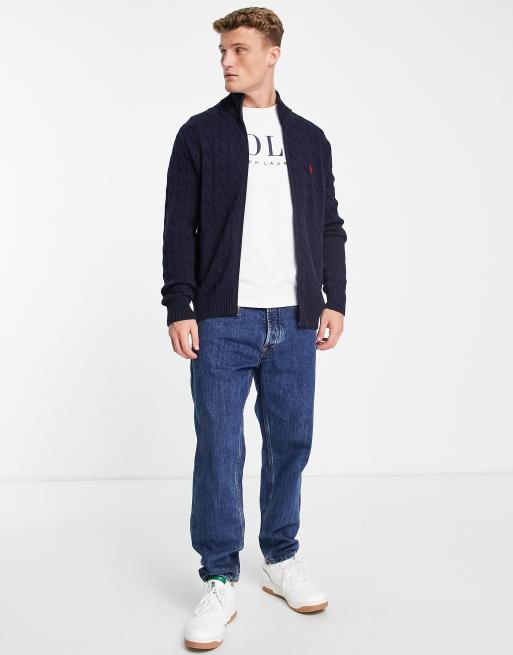 Polo Ralph Lauren icon logo cotton cable knit full zip cardigan in navy |  ASOS