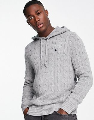 Polo Ralph Lauren icon logo cotton cable knit hooded jumper in grey marl