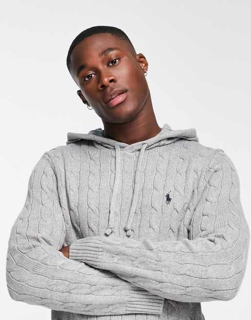 Polo Ralph Lauren icon logo cotton cable knit hooded jumper in grey marl |  ASOS