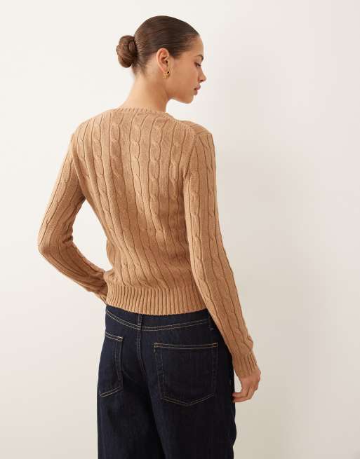 Polo Ralph Lauren icon logo cotton cable knit jumper in camel, 2 of 4