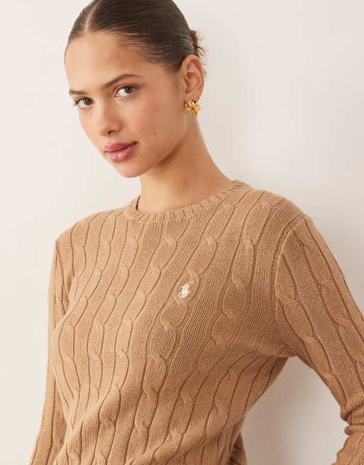 Polo Ralph Lauren icon logo cotton cable knit jumper in camel, 3 of 4