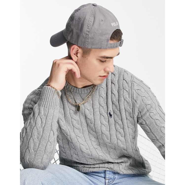 Polo Ralph Lauren icon logo cotton cable knit jumper in grey marl ASOS