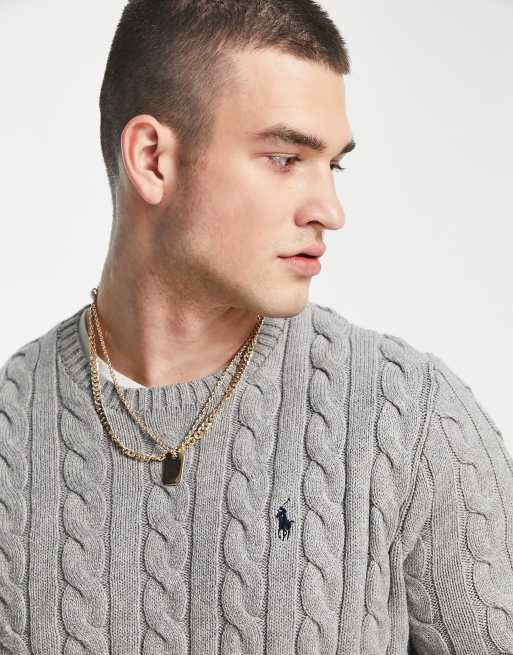 Polo Ralph Lauren icon logo cotton cable knit jumper in grey marl, 4 of 4