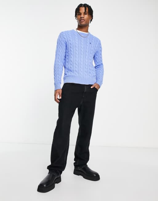 Polo Ralph Lauren icon logo cotton cable knit jumper in light blue marl |  ASOS