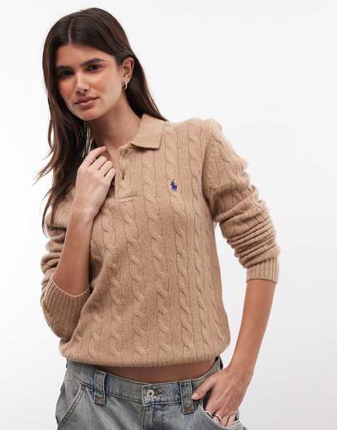 Polo Ralph Lauren icon logo cotton cable knit polo in camel tan - view 1