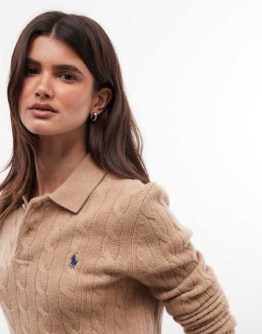 Polo Ralph Lauren icon logo cotton cable knit polo in camel tan, 2 of 4