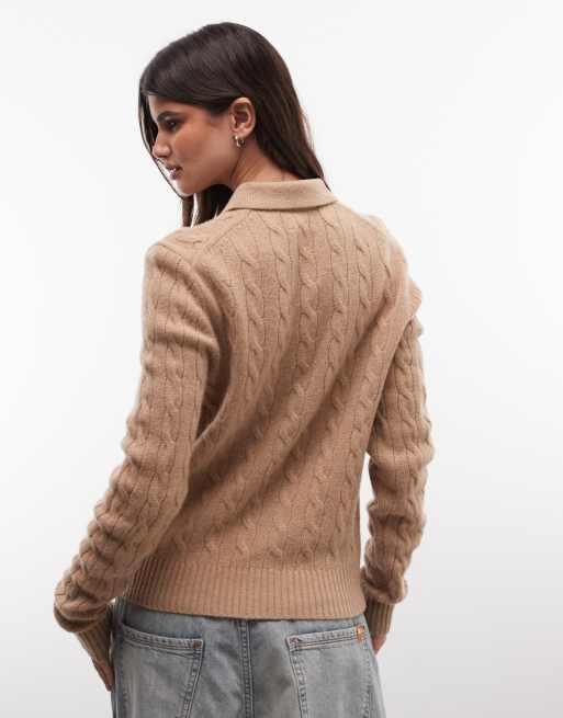 Polo Ralph Lauren icon logo cotton cable knit polo in camel tan, 4 of 4