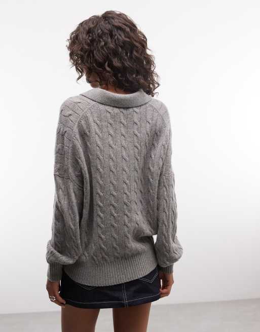 Polo Ralph Lauren icon logo cotton cable knit polo in grey, 3 of 4