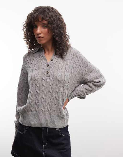 Polo Ralph Lauren icon logo cotton cable knit polo in grey, 4 of 4