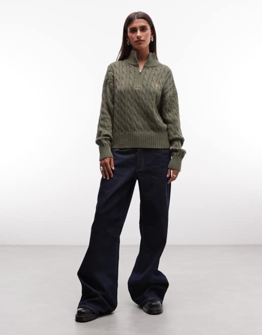 Polo Ralph Lauren icon logo cotton cable knit polo in light olive, 2 of 4