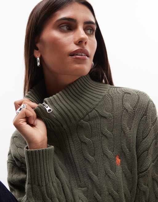 Polo Ralph Lauren icon logo cotton cable knit polo in light olive, 3 of 4