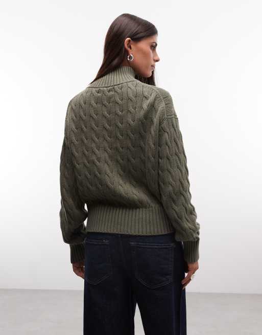 Polo Ralph Lauren icon logo cotton cable knit polo in light olive, 4 of 4