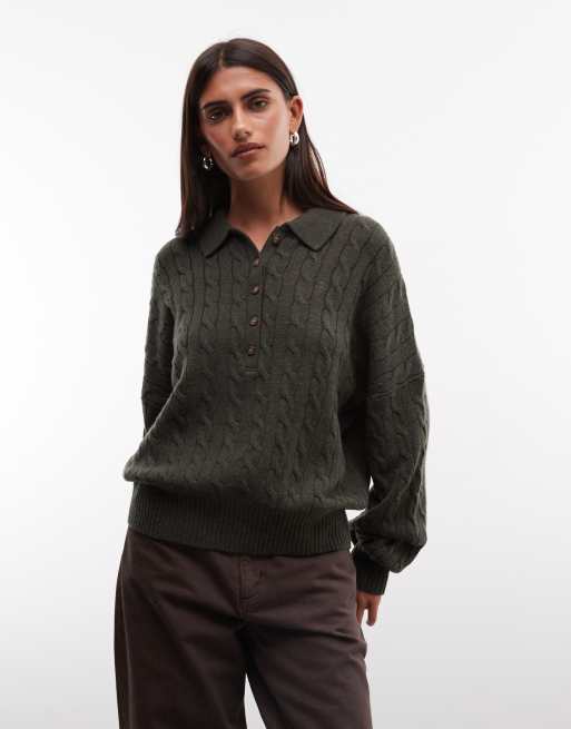 Polo Ralph Lauren icon logo cotton cable knit polo in olive green, 3 of 4