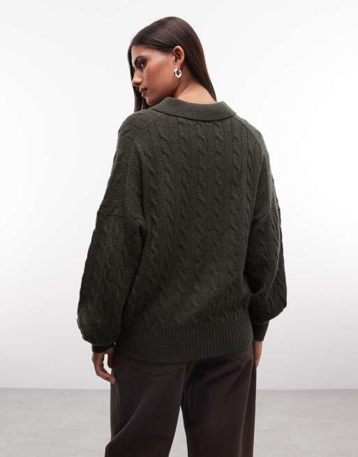 Polo Ralph Lauren icon logo cotton cable knit polo in olive green, 4 of 4