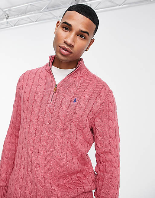 Polo Ralph Lauren icon logo cotton cable knit sweater in pink heather | ASOS