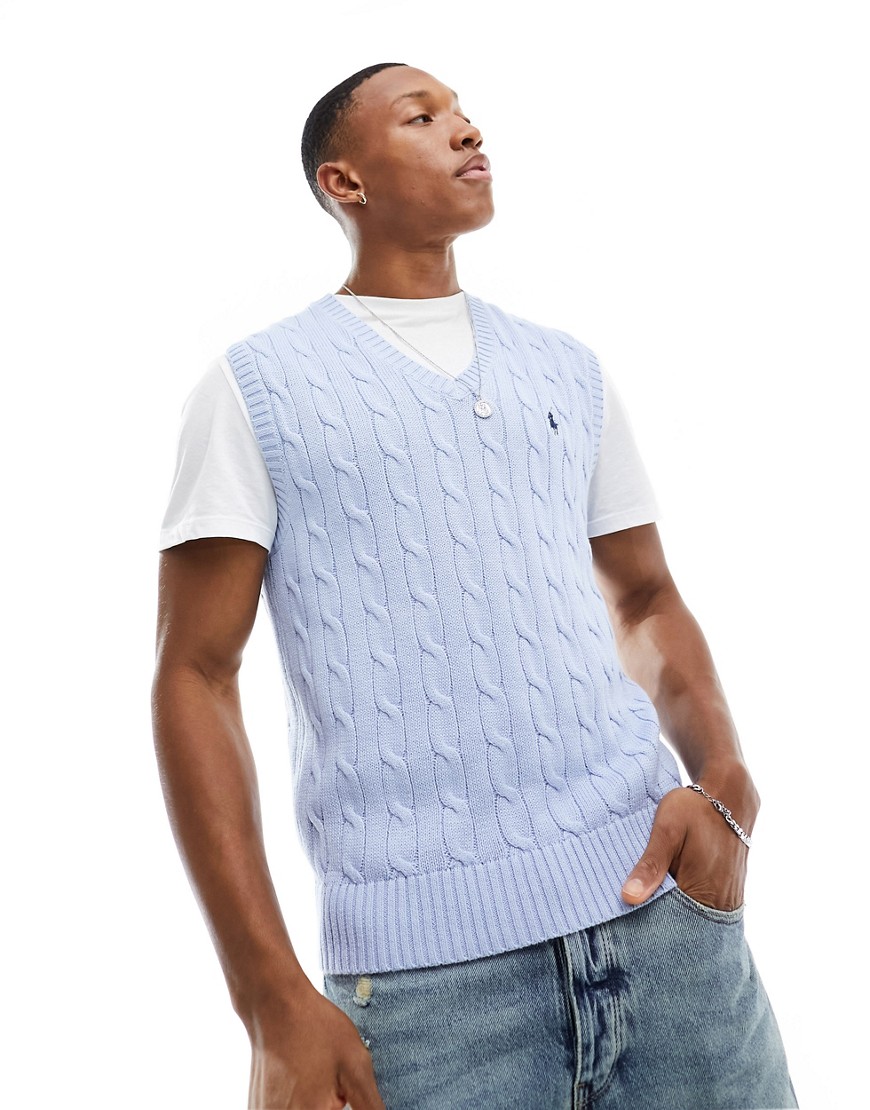 Polo Ralph Lauren icon logo cotton cable knit vest in light blue