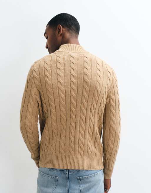 Polo Ralph Lauren icon logo cotton cable quarter zip sweatshirt in beige, 3 of 5