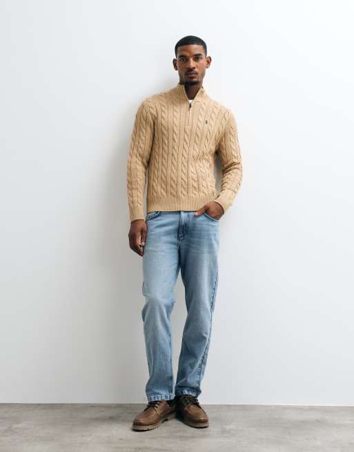 Polo Ralph Lauren icon logo cotton cable quarter zip sweatshirt in beige, 4 of 5