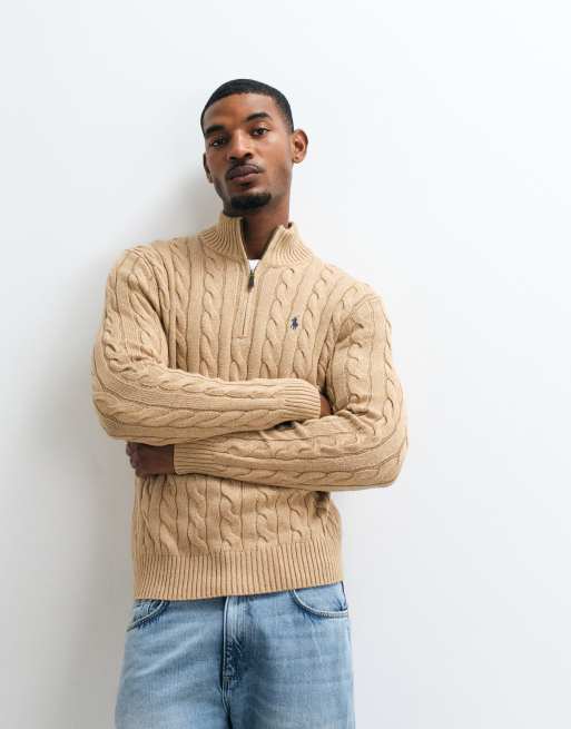 Polo Ralph Lauren icon logo cotton cable quarter zip sweatshirt in beige, 5 of 5