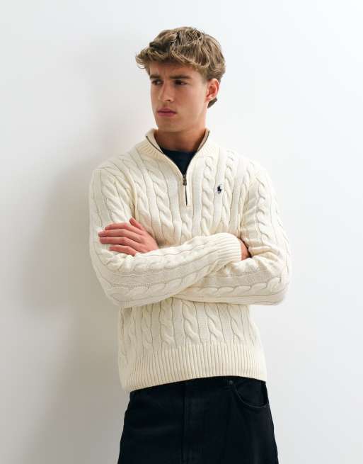 Polo Ralph Lauren icon logo cotton cable quarter zip sweatshirt in cream, 3 of 5