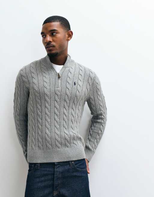 Polo Ralph Lauren icon logo cotton cable quarter zip sweatshirt in grey heather, 2 of 5