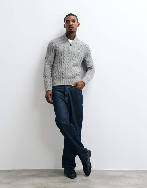 Polo Ralph Lauren icon logo cotton cable quarter zip sweatshirt in grey heather, 3 of 5
