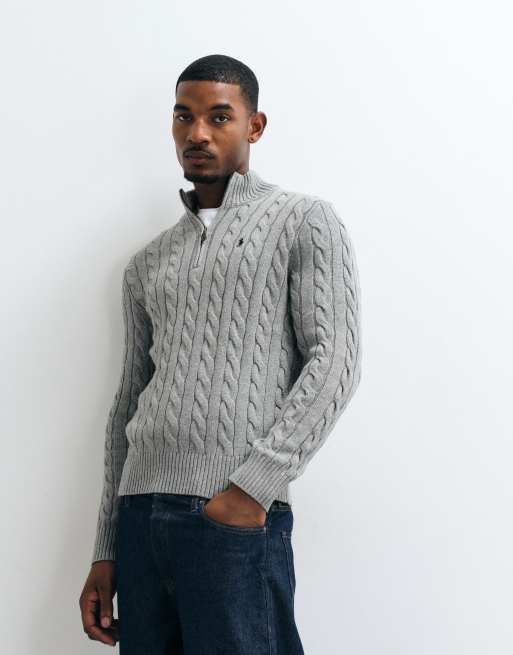 Polo Ralph Lauren icon logo cotton cable quarter zip sweatshirt in grey heather, 4 of 5
