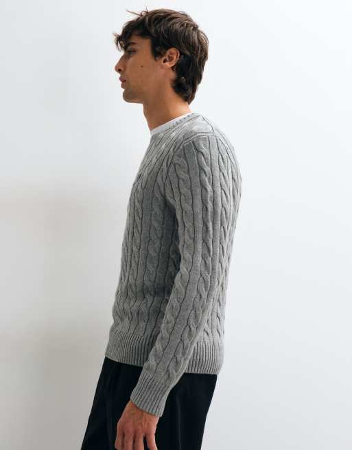 Polo Ralph Lauren icon logo cotton cable sweatshirt in grey heather, 4 of 5