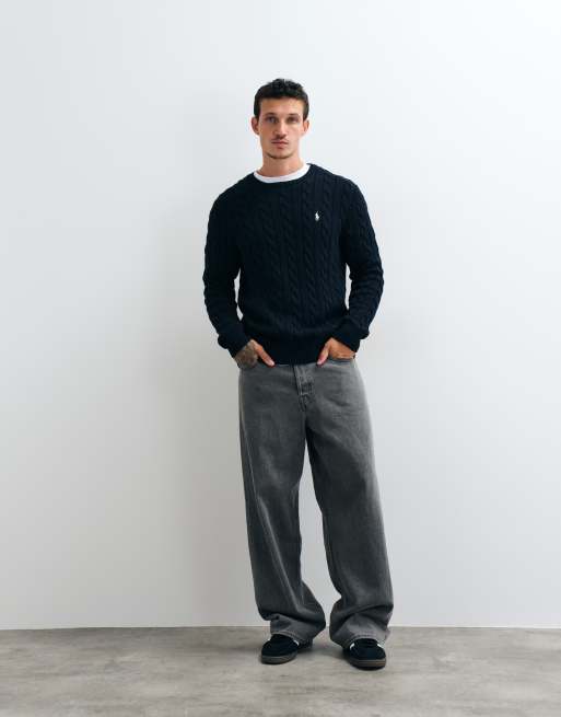 Polo Ralph Lauren icon logo cotton cable sweatshirt in navy, 3 of 10